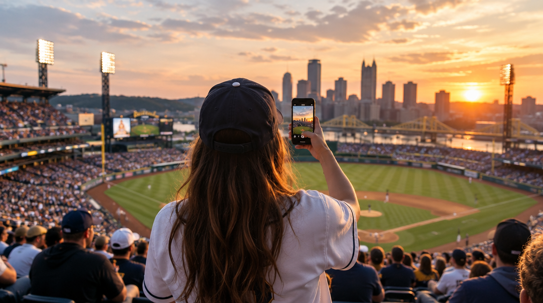 A fan capturing a sunset game from the ballpark stands