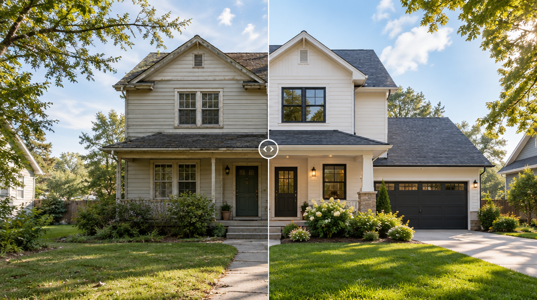 A home exterior shown before and after a renovation concept