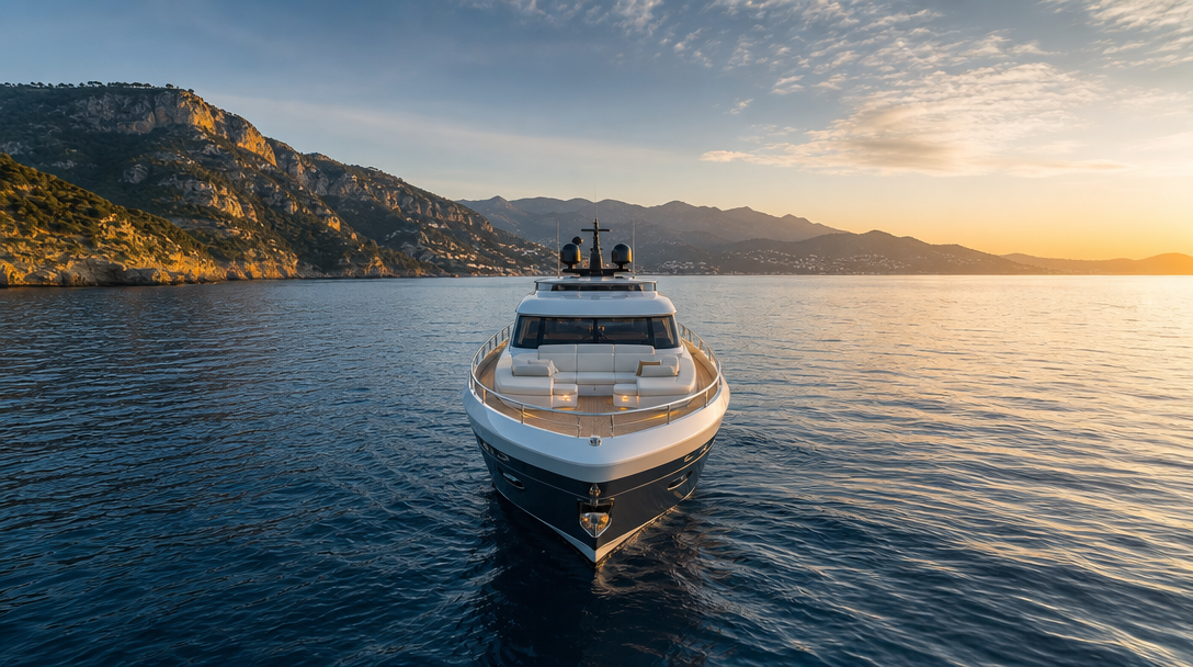 A yacht journeying along a dramatic coast