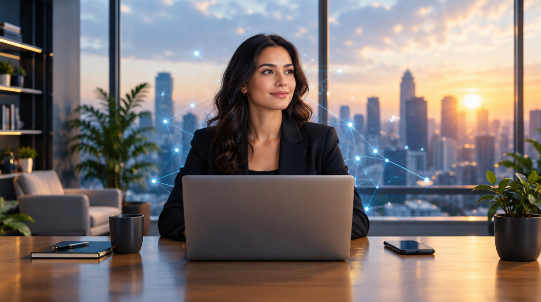 Real estate agent reviewing business insights as the city lights up at sunset