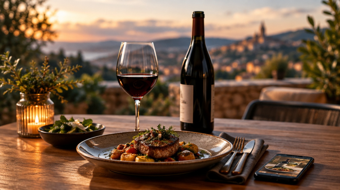 A thoughtfully prepared dinner with a bottle and glass of red wine