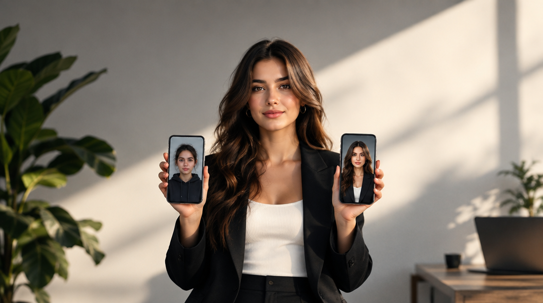 A woman presents an earlier and refreshed professional headshot on two phones