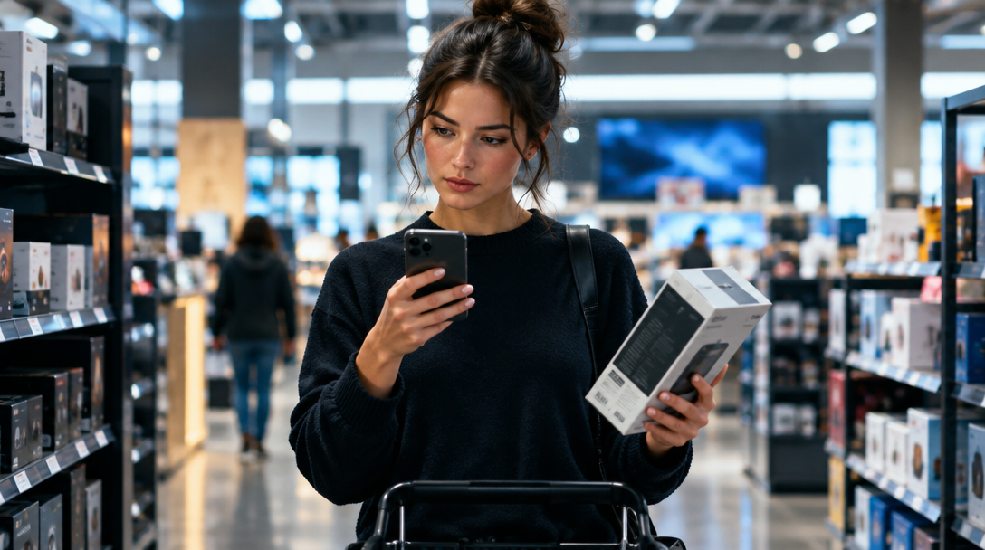 Shopper compares a boxed product on a phone in a store.