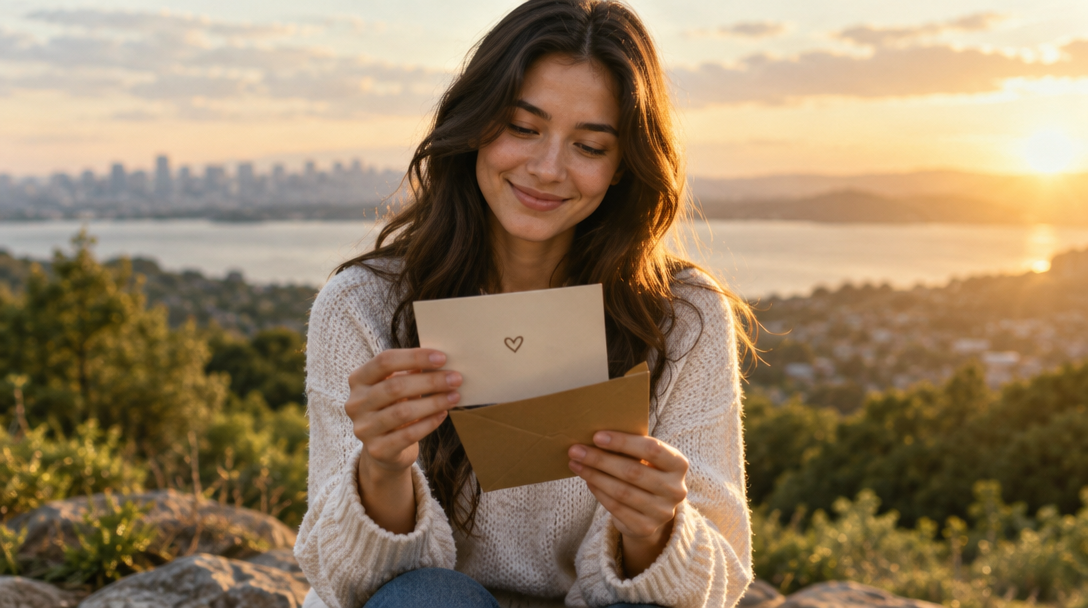 A woman reading a thank-you card in the warm evening light