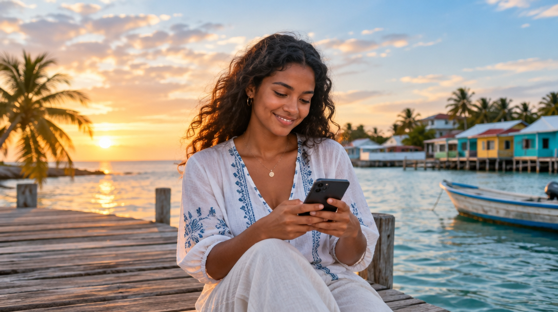 A woman by the water in Belize using her phone at sunset