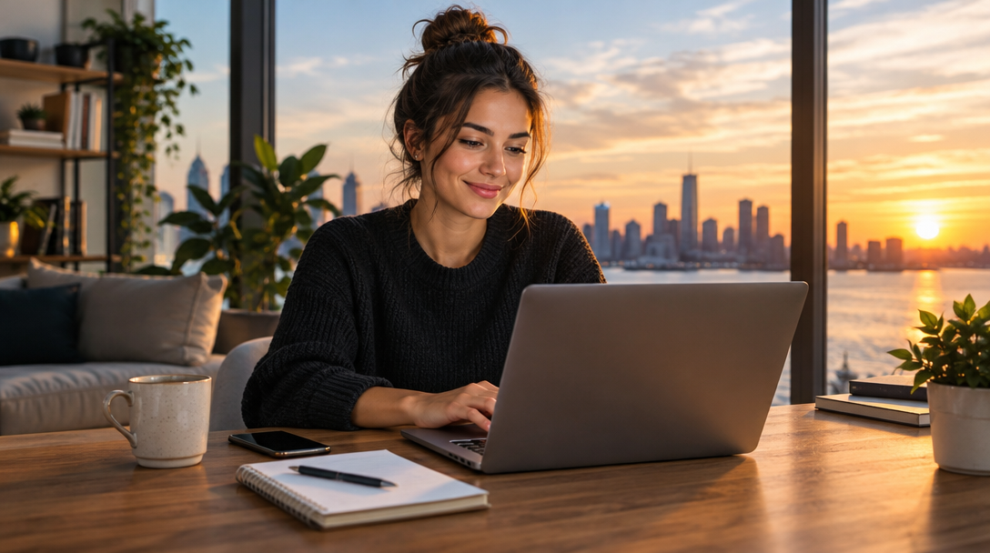 An independent creator working on her laptop as the sun rises over the city