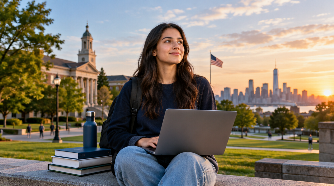 Estudiante internacional frente al horizonte de Nueva York