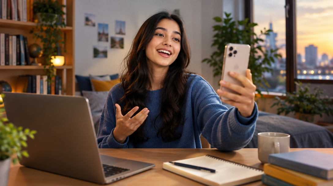 A learner practicing speaking with a phone