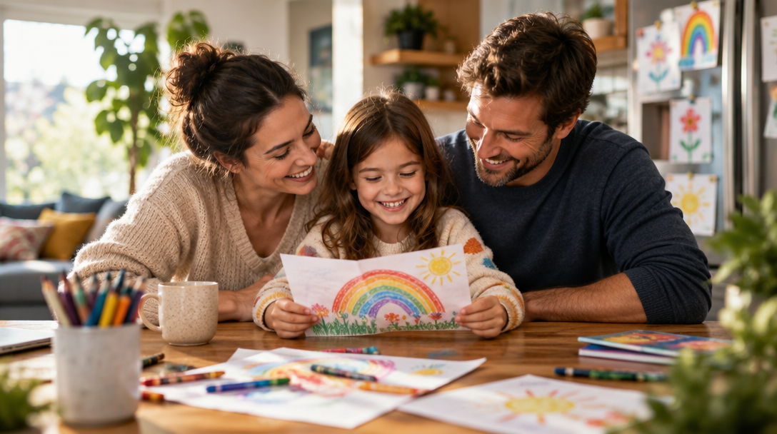 A family celebrating their child’s rainbow drawing