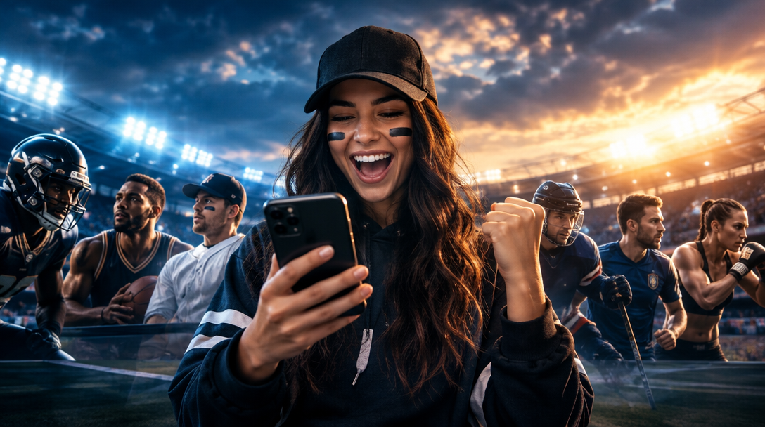 A fan celebrating at a stadium with other sports fans
