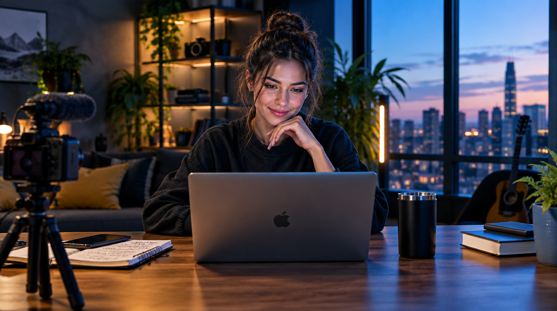 A creator shaping ideas at a desk after dark