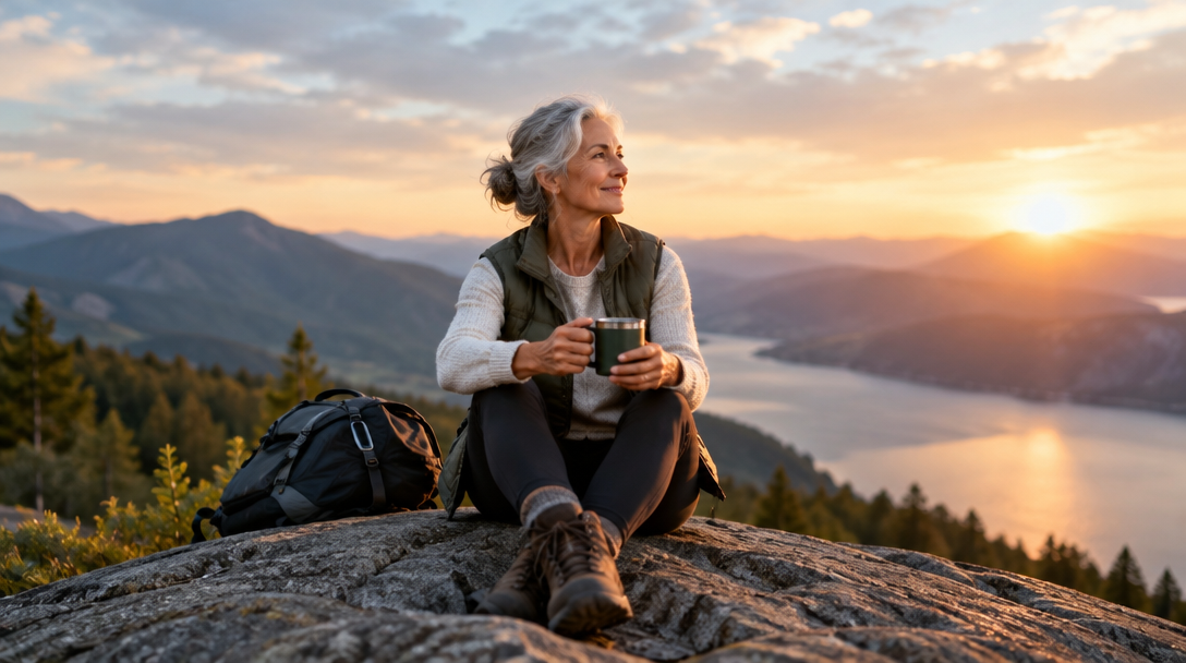 A woman looking out over a mountain lake at sunset
