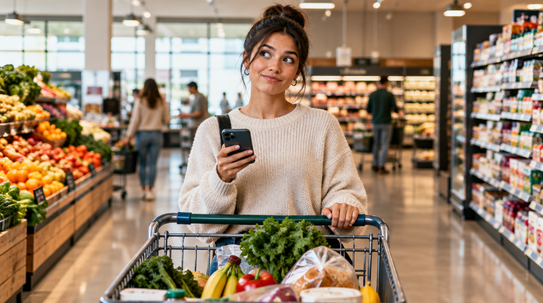 Shopper deciding what belongs in the cart