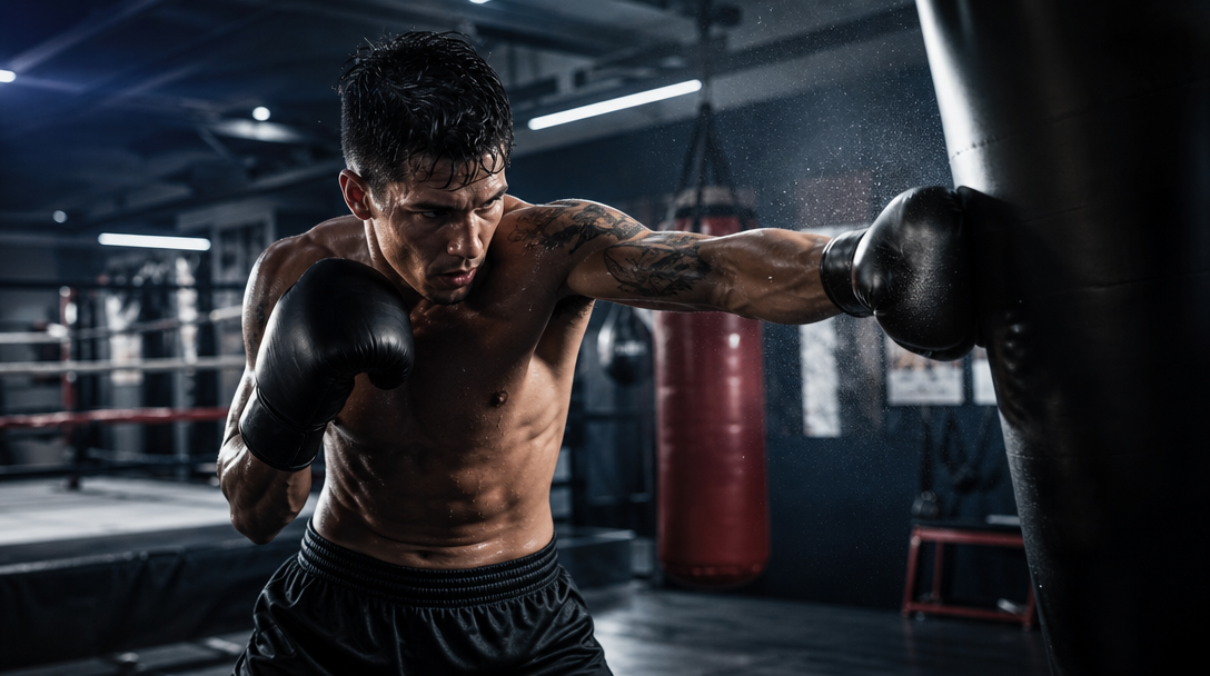 A boxer training with StrikeMetrics vision analysis