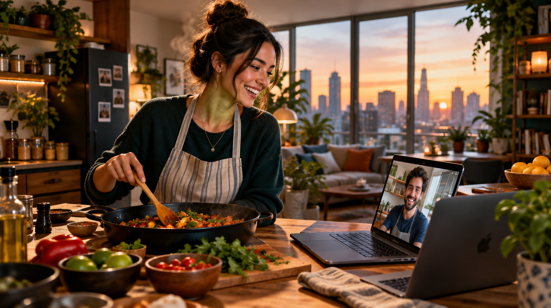 A Dishmate cook sharing a live dinner call from her kitchen