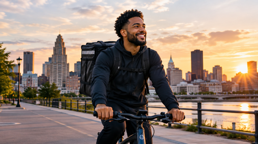 A local delivery rider moving through the city at sunset