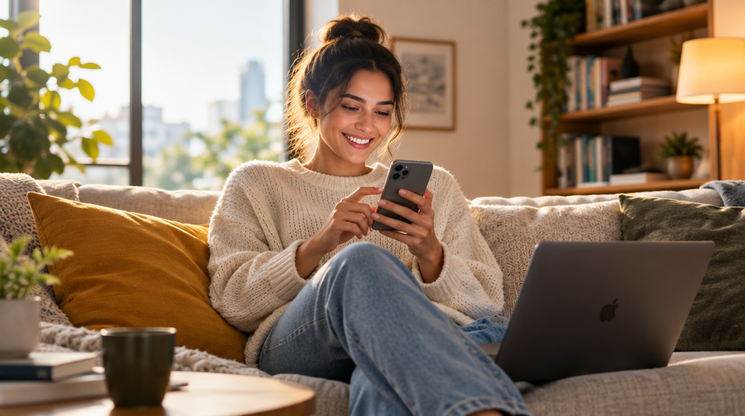 A person using a phone beside their laptop at home