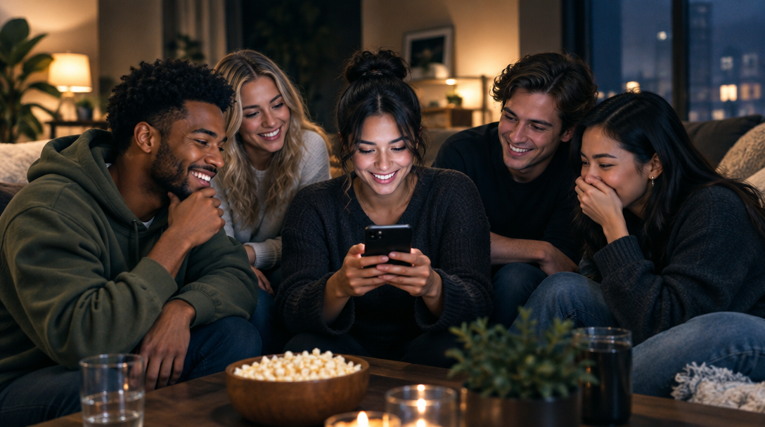 Friends gather around a phone and share a laugh