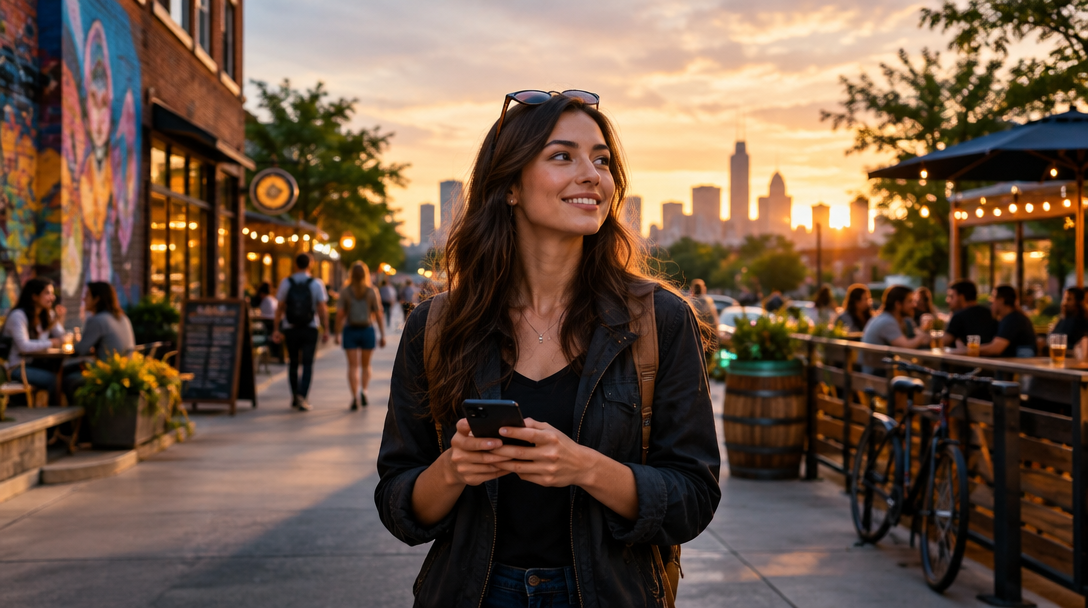 An explorer discovering a lively neighborhood of local restaurants at sunset