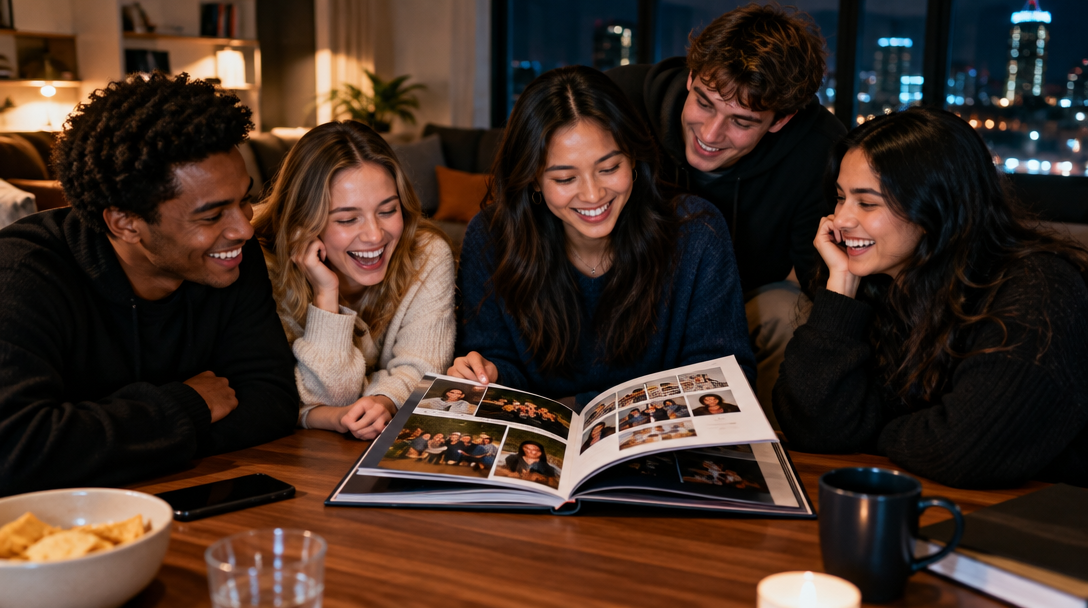 Friends looking through a yearbook together