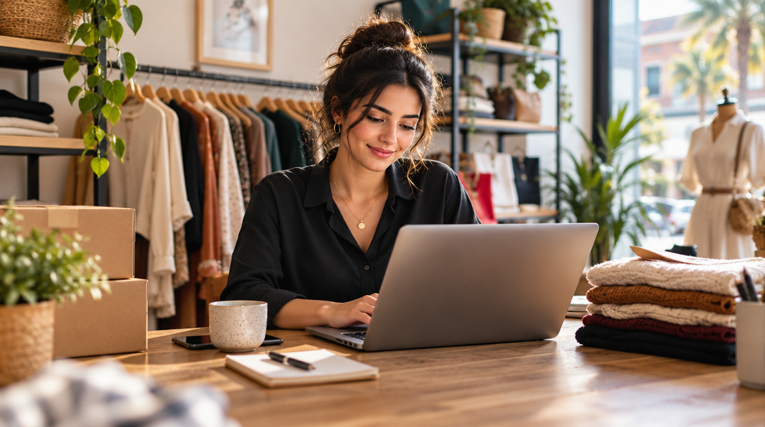A clothing shop owner working at her laptop