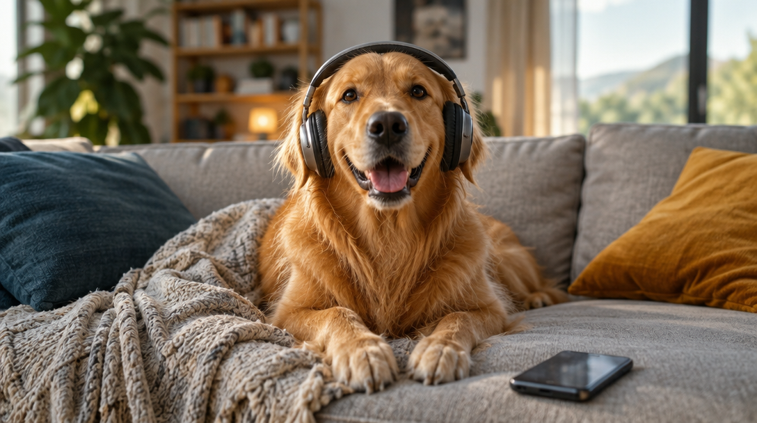 Golden retriever wearing headphones, ready for a FurSpeak voiceover