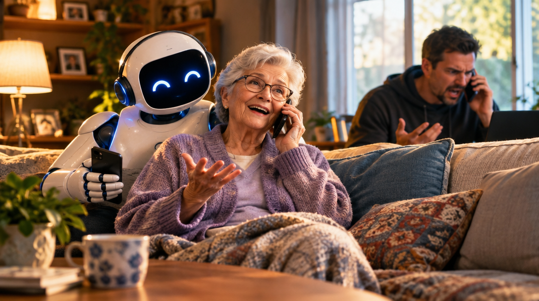 An older woman talking on the phone with a friendly home robot nearby