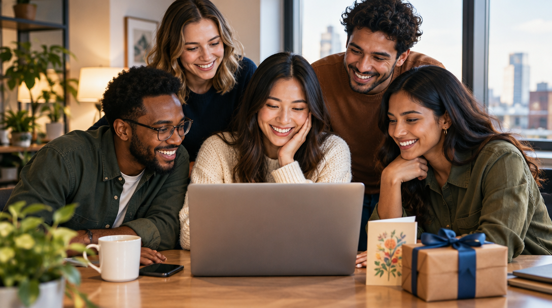 Friends and coworkers gathering around a gift