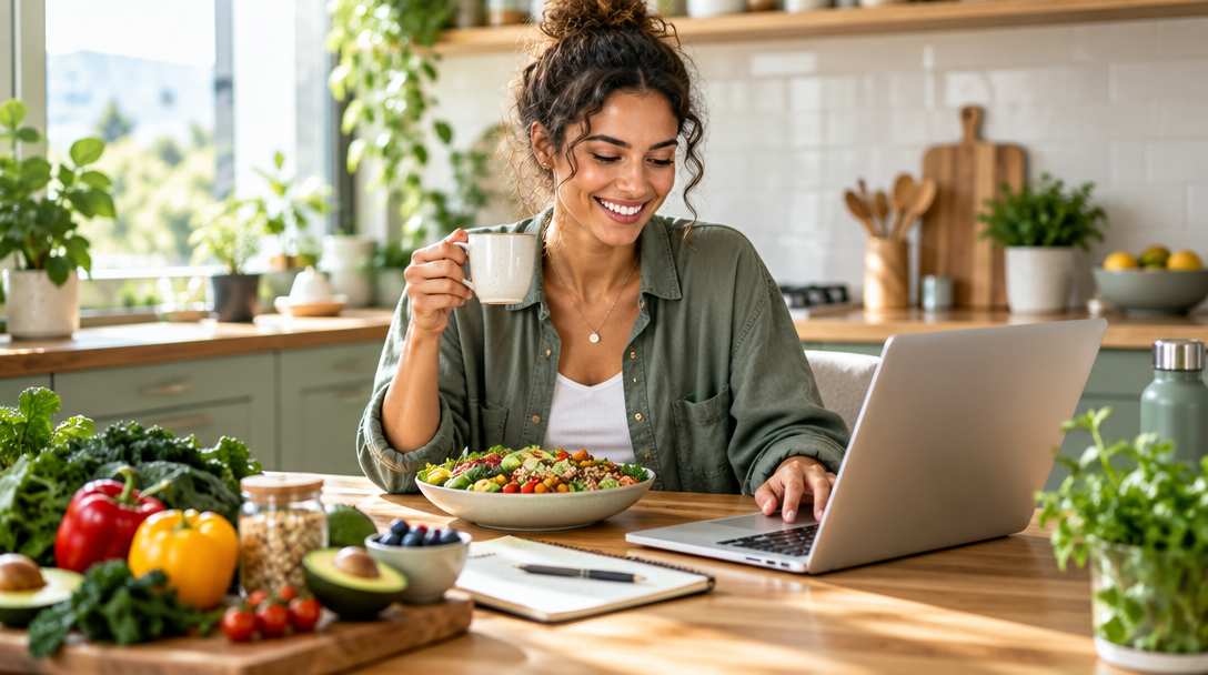A relaxed meal-planning moment with fresh food in a sunny kitchen