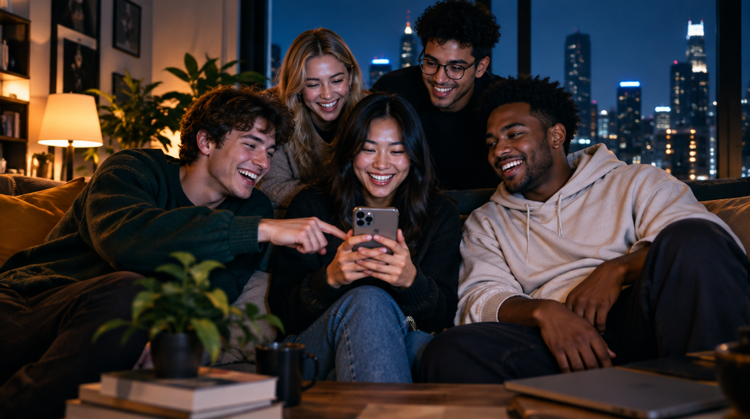 Friends sharing a laugh around a phone in the evening