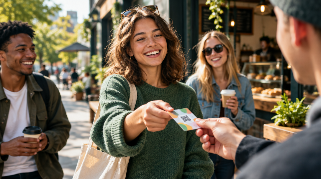 A neighbor passing a KindLoop card inside a local café