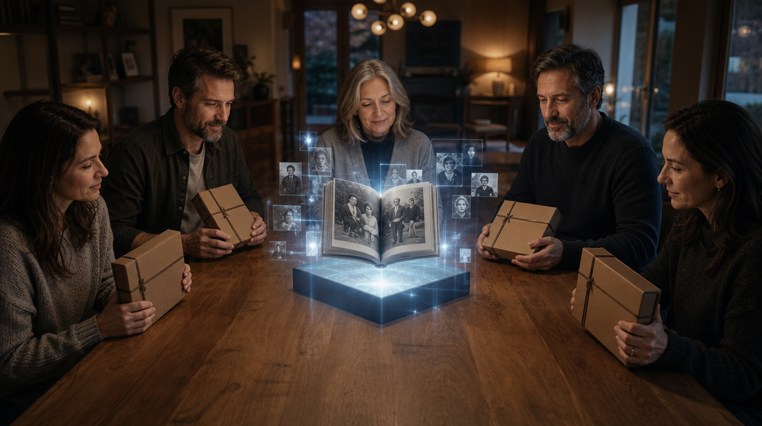 A family gathering around a shared memory