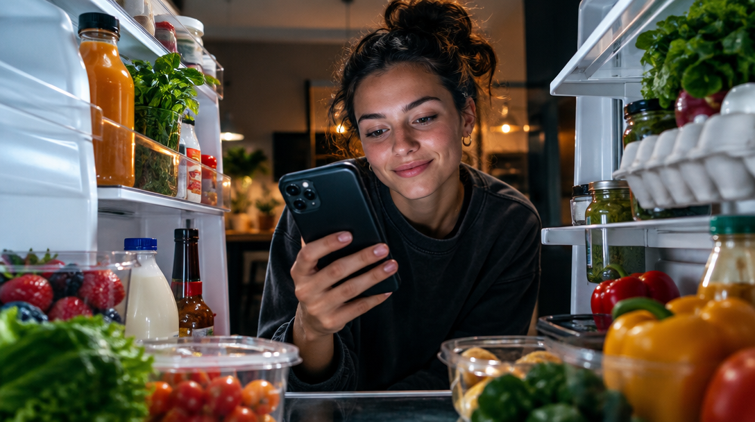 A person photographing ingredients inside an open fridge