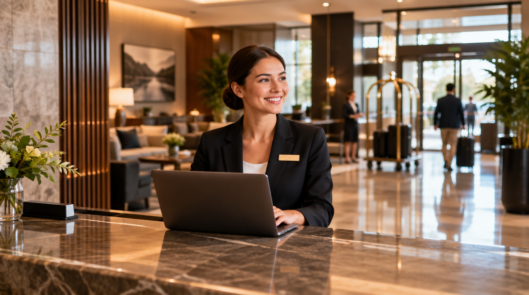 A hotel team member at the front desk of a warmly lit hotel lobby