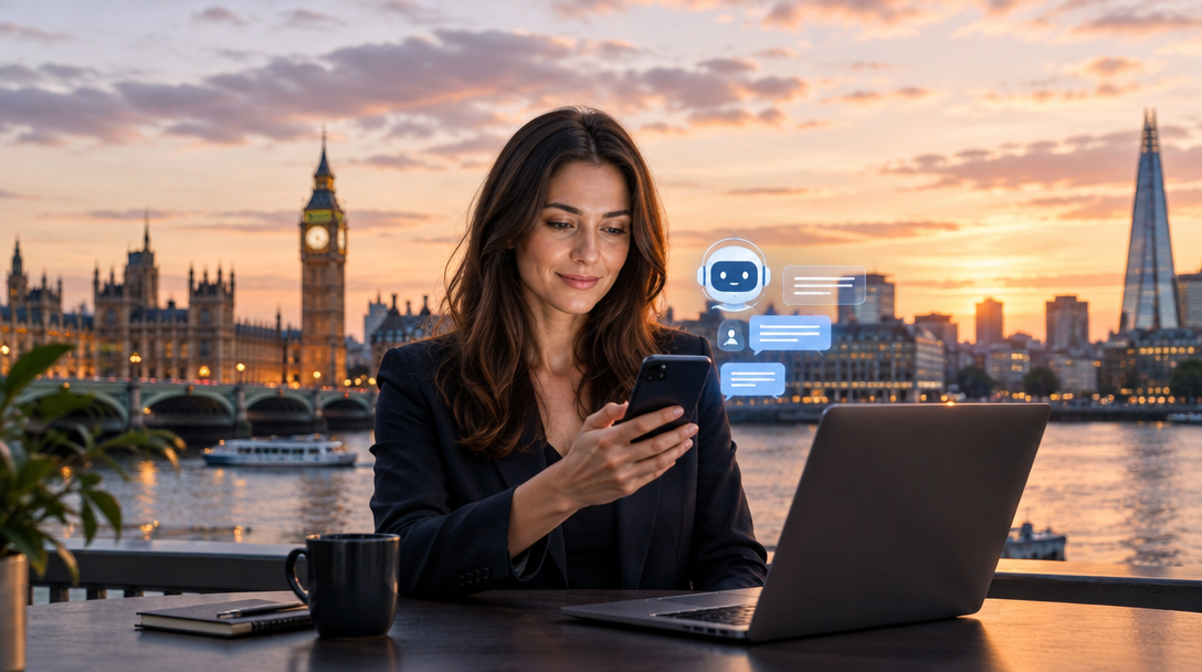 Estate agent using an enquiry assistant beside the London skyline