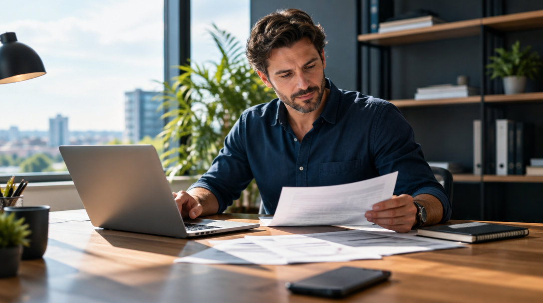 Business professional reviewing paperwork at a desk