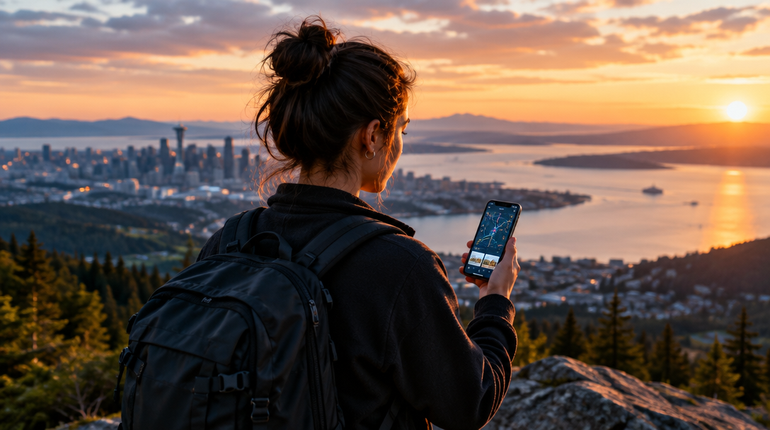 A traveler looking out over a city with a map open on their phone
