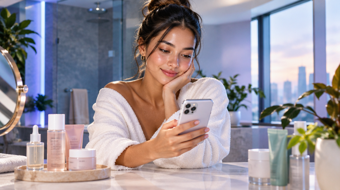A woman reviewing her skincare beside her product shelf