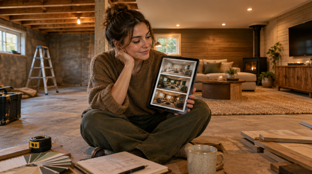 A woman comparing room makeover ideas during a home refresh