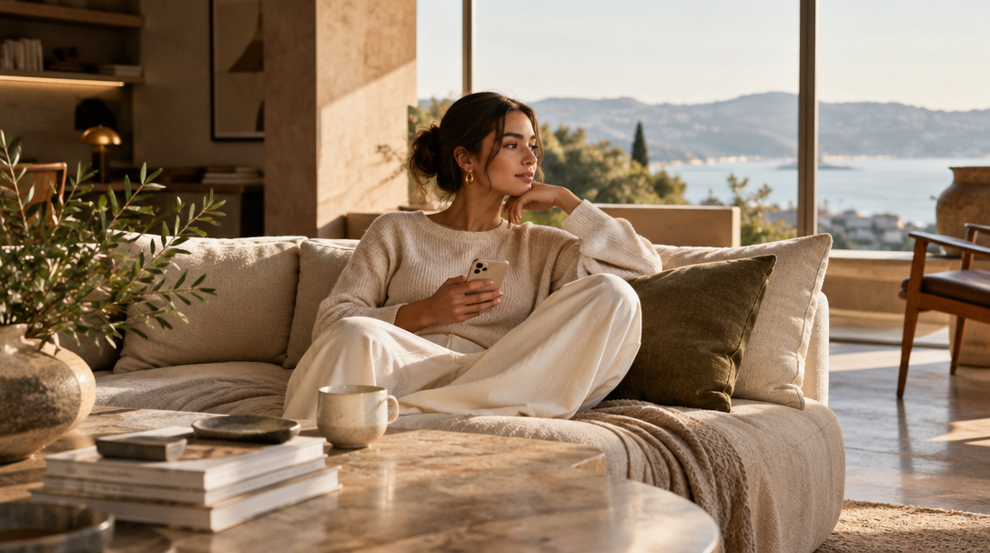 Warm natural textures, sculptural furniture, and a considered personal style in a sunlit interior