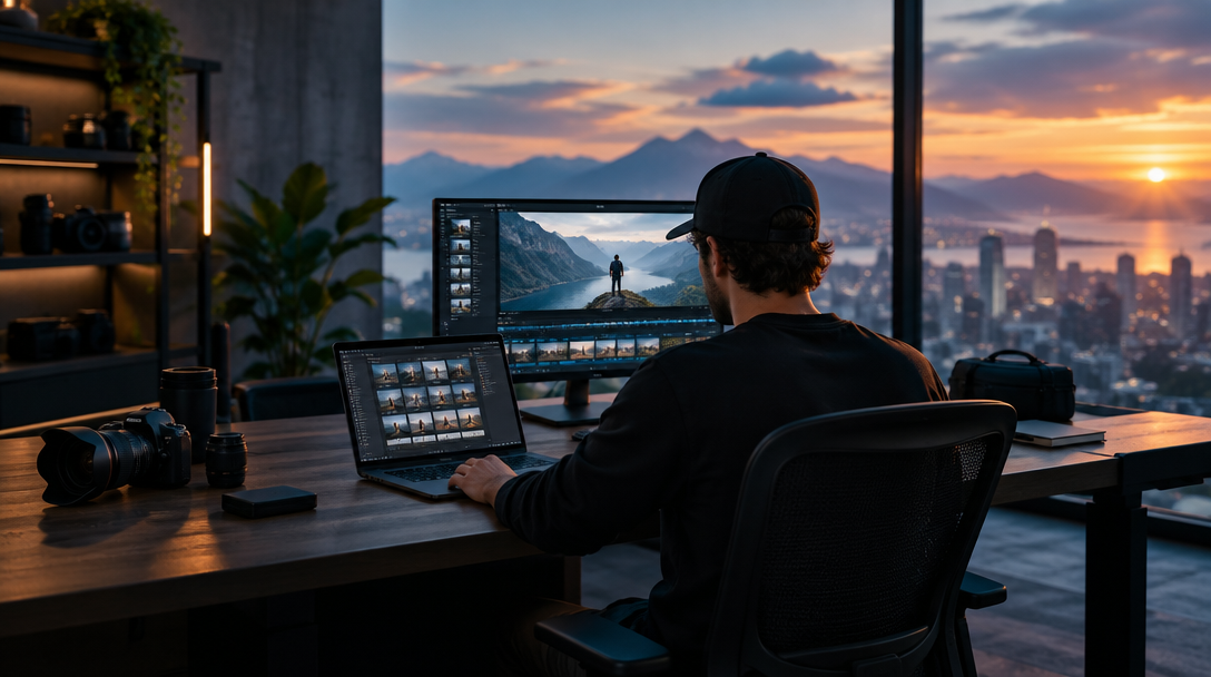 Photographer editing a mountain gallery in a studio at dusk