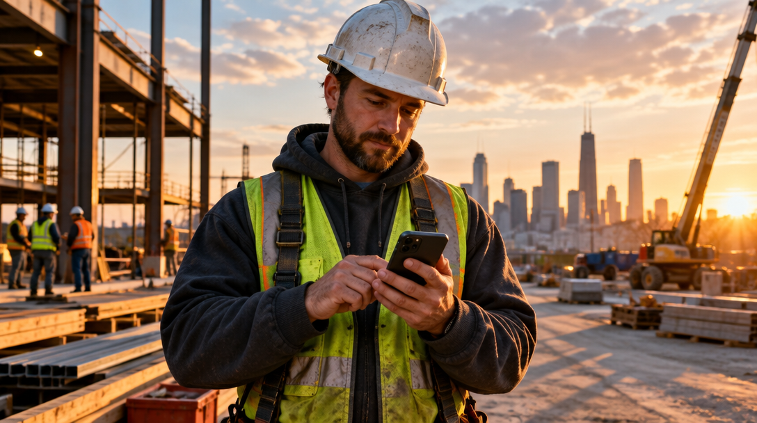Construction worker reviewing a phone at a jobsite at sunset