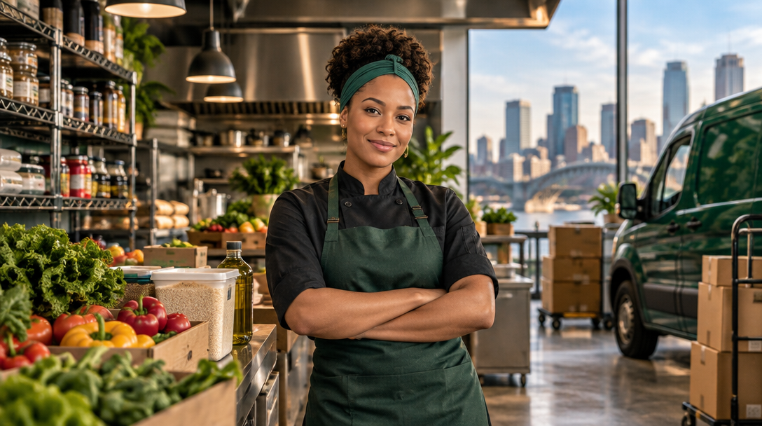 Restaurant professional standing among fresh food, supplies, and a delivery vehicle