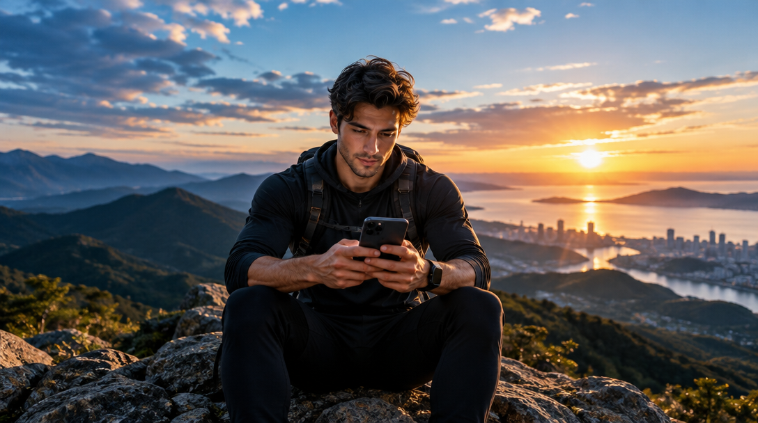 A person taking a moment on a mountain at sunset