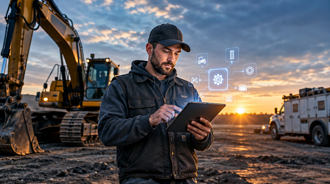 Illustration of a technician with a tablet beside heavy equipment at dusk