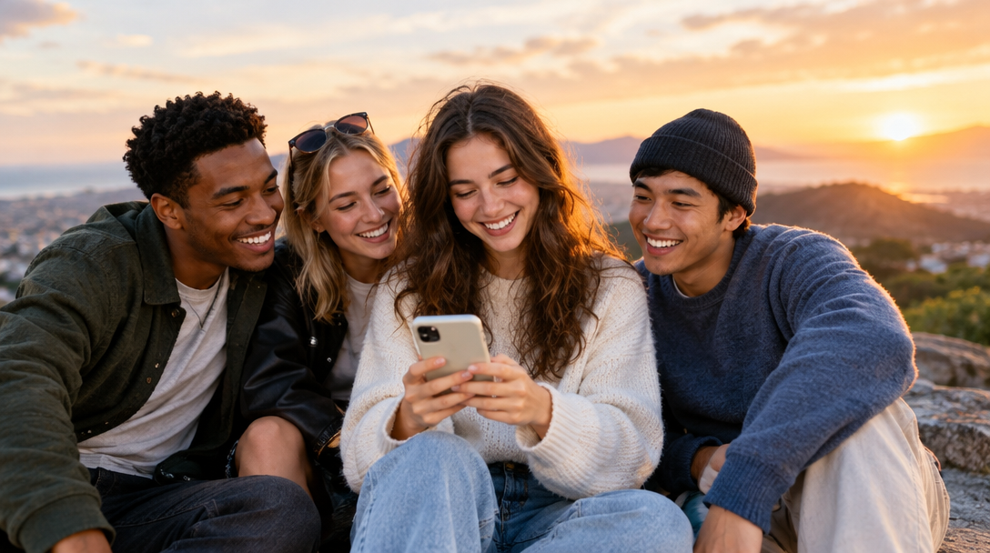 Friends laughing together over a phone at sunset
