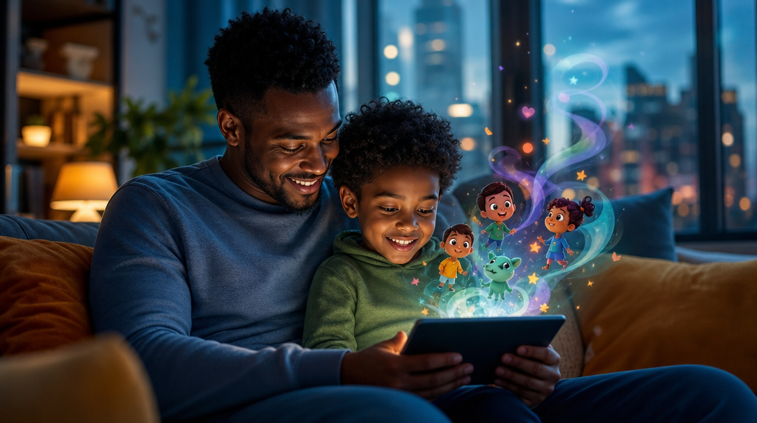 A family discovering the Kind Mind Club story world