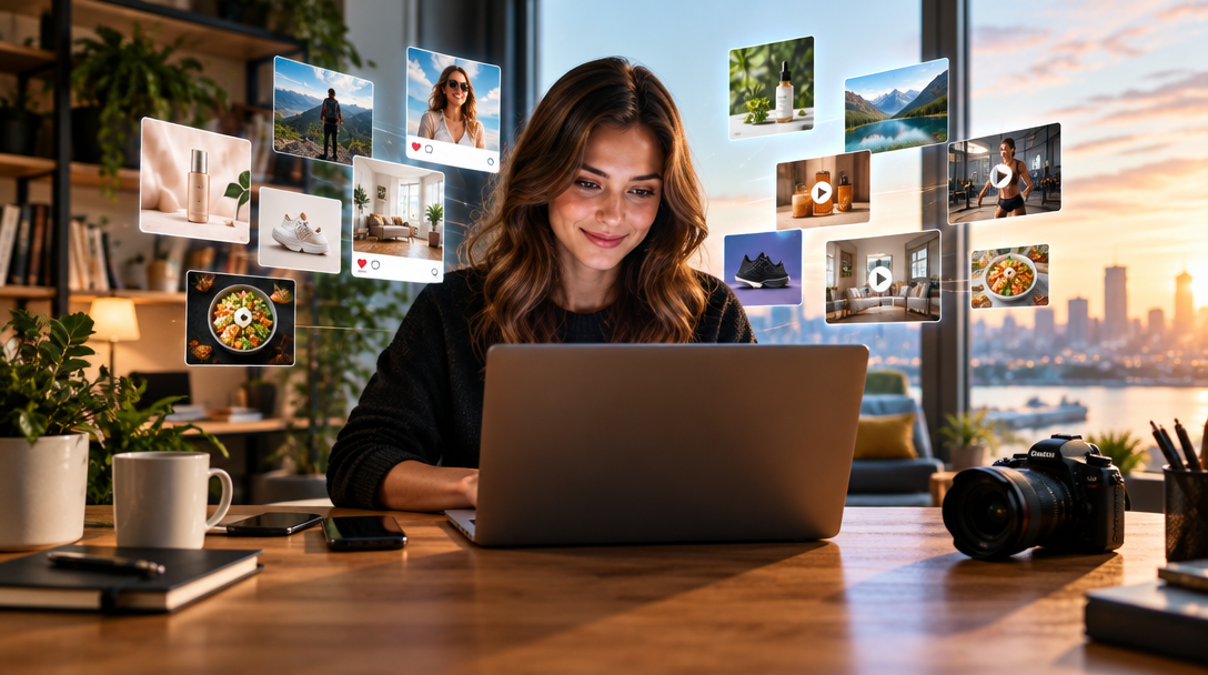 A small-business creator develops product content at her desk.