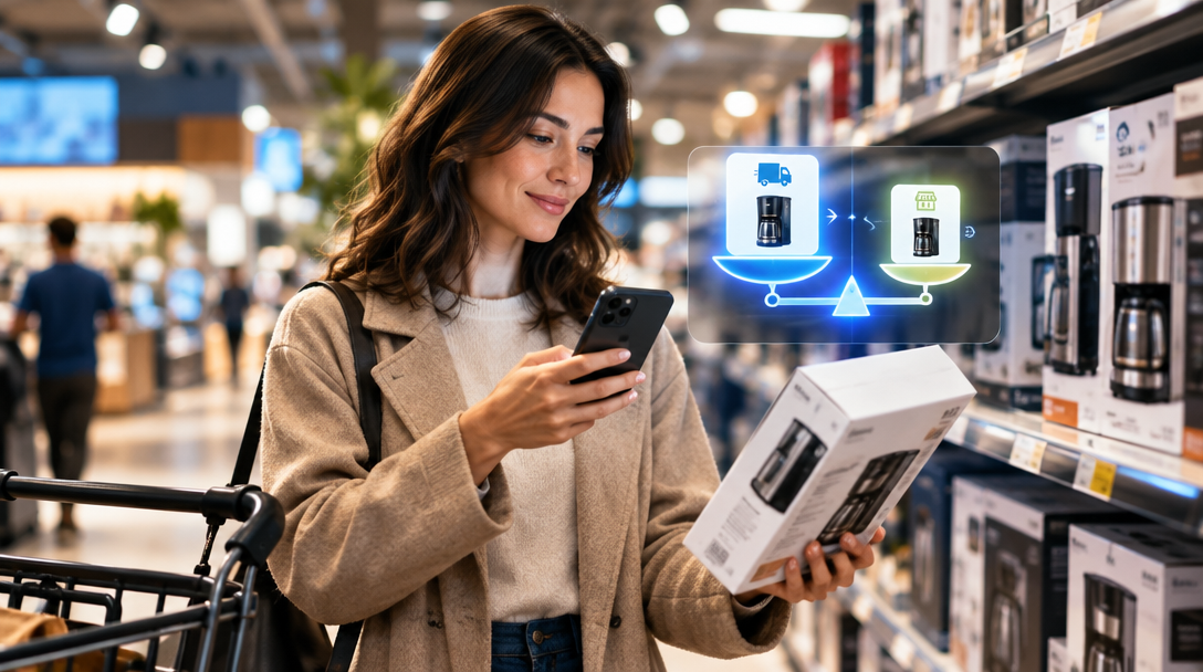 Shopper comparing a small appliance on their phone; conceptual shopping illustration