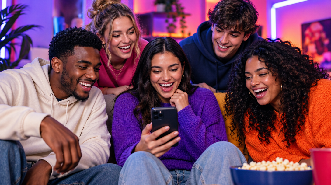A colorful illustration of friends laughing together around a phone